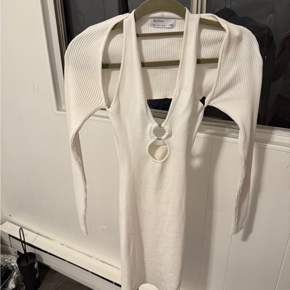 Bershka White Cut-Out Ribbed Dress